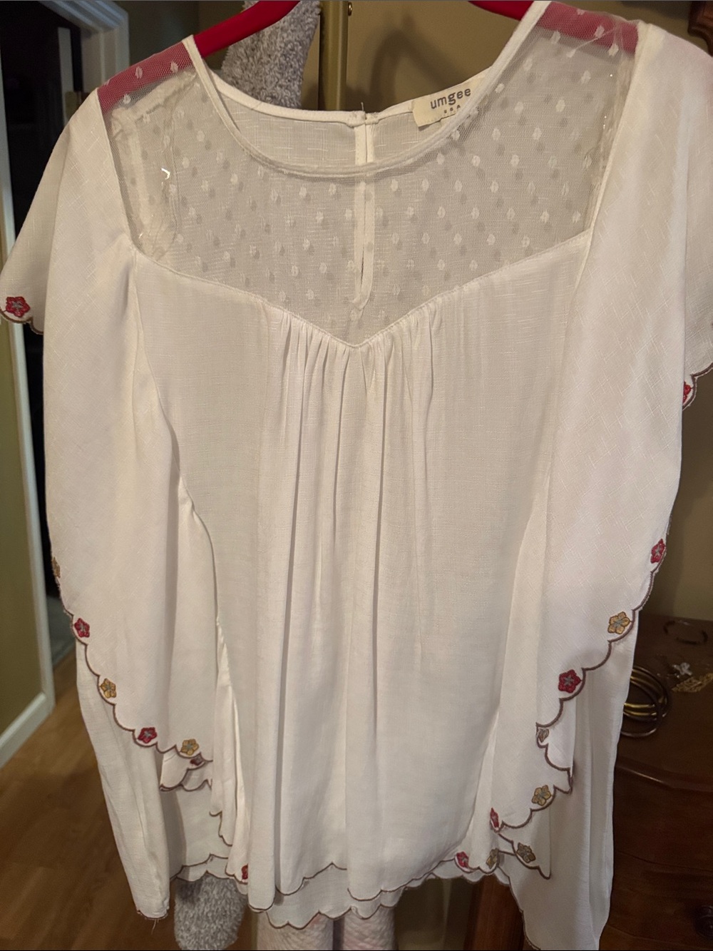 Umgee White Swiss Dot Tunic with Red and Gold Floral Accents